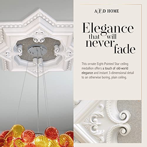 Image of Eight-Pointed Star Chandelier Ceiling Medallion and Fan Medallion, 24 Inches, White and Silver