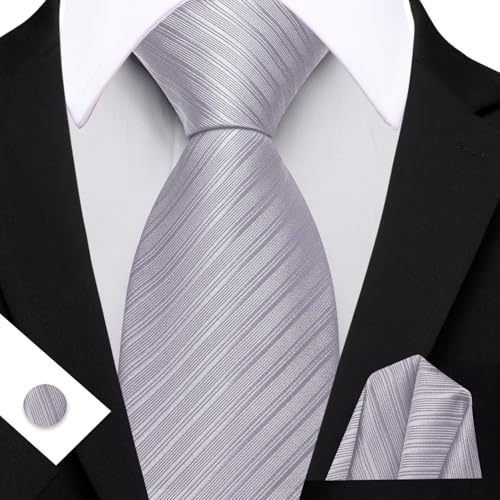 Image of Barry.Wang Solid Striped Tie for Men Silk Necktie Pocket Square Cufflinks Formal Wedding Party Business