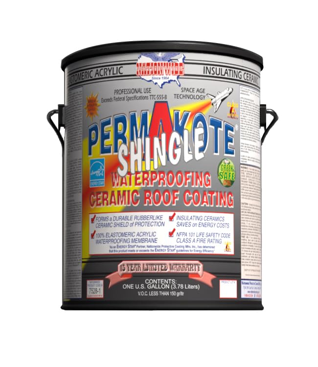 Nationwide Coatings PERMAKOTE Shingle Elastomeric Ceramic Roof Coating - Heat Reflective Waterproofing Shingle Roof Paint - 15-Year - Class A Fire Rated - Made in USA - 1 Gallon Cocoa Brown