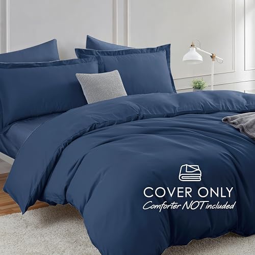 Image of Hearth & Harbor Navy Blue Duvet Cover with Fitted Sheet King Size | 4 Piece Soft Double Brushed Bedding Set, Button Closure, 1 Duvet Cover 104x90 Inches, 1 Fitted Sheet, 2 Pillow Shams