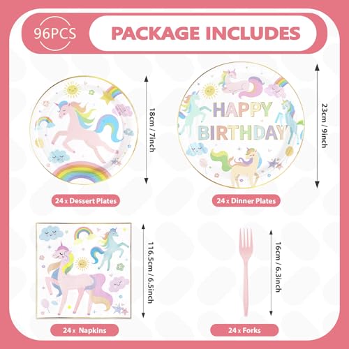 Image of Greencian 96Pcs Magical Pastel Unicorn Party Decorations Serves 24 | Rainbow Unicorn Birthday Plates and Napkins Tableware Sets for Girls Baby Shower Birthday Party Supplies