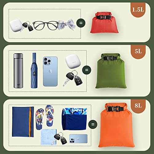 6 Stück Wasserdichte Aufbewahrungsbeutel, Wasserdichter Beutel,1,5/2,5/3/3,5/5/8L Lightweight Trockenbeutel Polyester Packsäcken Dry Bag Set für Camping, Rafting, Wandern, Schwimmen, Schnorcheln