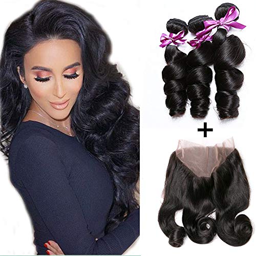 Loose Wave Bundles With 360 Lace Frontal 2 Bundles With 360 Lace Frontal Closure Brazilian Virgin Human Hair extensions Wet and Wave Natural Color (12 14+10" 360 lace frontal, Natural Color)