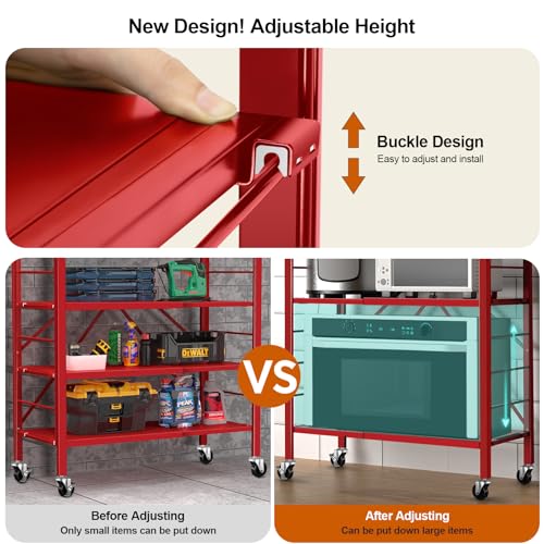 Image of Himix 6-Tier Expandable Storage Shelves Wheels Foldable Shelf Garage Red | Folding shelving units, Metal collapsible organization, Changeable into 2 shelf units, Adjustable, Basement, Holds 3600 Ibs