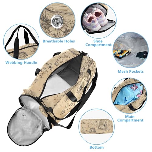 Vintage Bees Duffle Bag for Kids Girls Boys, Sports Gym Bag with Shoe Compartments, Kids Travel Overnight Weekender Shoulder Bag4