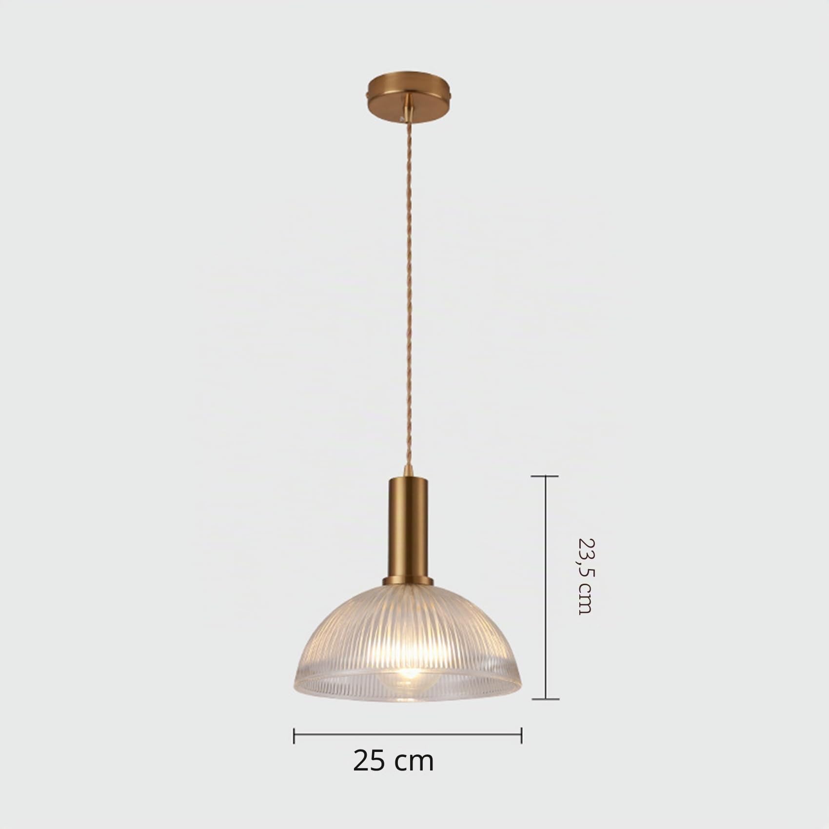 EKSED Lámpara Colgante - Pantalla Colgante de Vidrio Transparente Estriado de 25 cm con Portalámparas E27 Dorado y Cable Trenzado - Lámpara Colgante para Isla de Cocina, Salón (A)