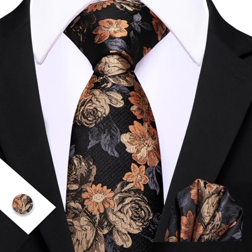 Image of Barry.Wang Flower Ties for Men Silk Woven Floral Tie Sets Necktie Handkerchief Cufflinks Wedding Party