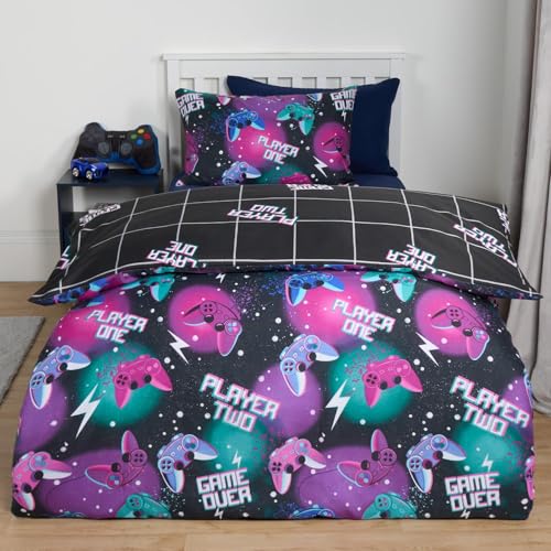 OHS Neon Gaming Duvet Single, Reversible Gaming Bedding Single Duvet Quilt Covers for Boys Girls Kids Quilt Covers with Pillowcase Ultra Soft Comfy Bed Set - Black