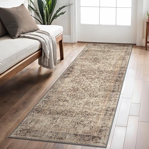 BEIMO Tapis de Salon 60x180CM Oriental - Tapis Vintage à Poils Courts Tapis de Chambre Adulte Tapis Dessin Antidérapant Tapis Brun