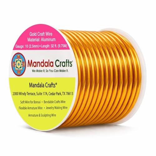 Image of Mandala Crafts 10 Gauge Anodized Aluminum Craft Wire for Jewelry Making - 32 FT Colored Flexible Gold Tone Wire - Bendable for Bonsai Armature Crafting Sculpting