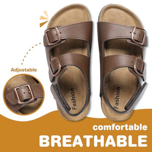 XTJSCBDSH Toddler Kids Sandals Boys Girls Cork Footbed Sandals with Back Strap Comfort Leather Adjustable Double Buckle Slip On Slippers Slide Open Toe Summer Flats Dress Shoes2