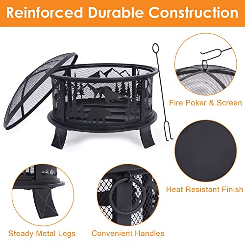 Fire Pit, 24" Round Metal Fire Bowl for Camping Backyard Patio Bonfire Outdoor Wood Burning with Spark Screen – Image 4