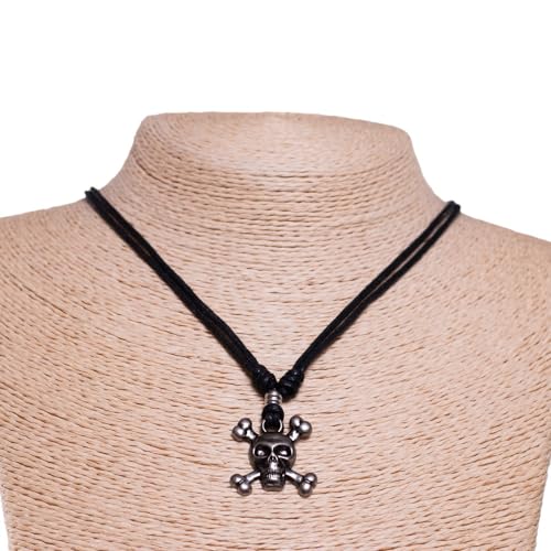 BlueRica Skull and Crossbones on Adjustable Black Cord Necklace (Old Silver Finish)3
