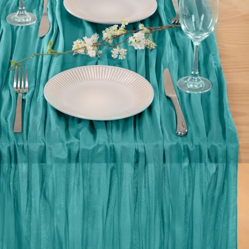 Image of MLMC Teal Table Runner 10ft Rustic Summer Cheesecloth Table Runner Gauze Cheese Cloth Centerpiece Decororations 35x120 Inches for Wedding Baby Shower Outdoor Picninc Decor