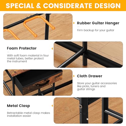 Guitar Stands Floor with 4 Guitar Holders, 3-Tier Guitar Stand Multiple Guitars, Guitar Rack with Amp Stand & Cloth Drawer, Multi Guitar Stand for Music Studio, Guitar Accessories gift for Music Lover - Thumbnail 2