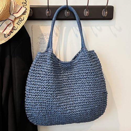 Bolso de playa grande de paja, estilo retro, con cierre de pestillo, bolso de mano tejido para damas, bolsos tipo tote para verano miniatura 2