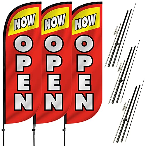 LookOurWay Feather Flag Pole Kit 3-Pack Bundle - 7ft Tall Grand Opening Advertising Banners with Poles and Ground Spikes - Now Open Red & Yellow