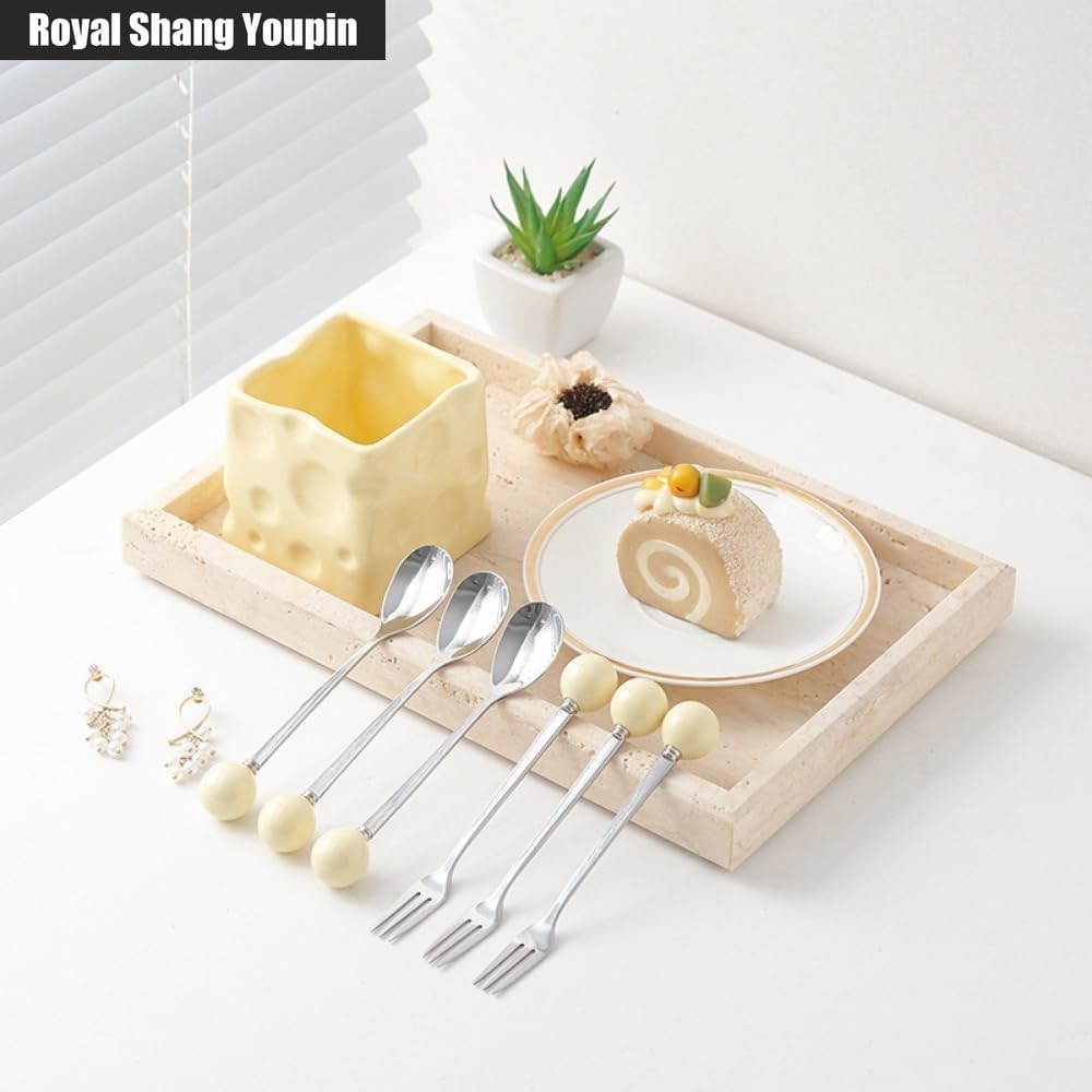 Ceramic Fruit Fork Coffee Spoon Set Creative Cheese Storage Jar Ball Bead Dessert Fruit Fork Spoon (Yellow,12 pieces)