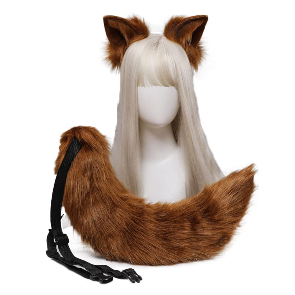 Faux Fur Fox Headband and Tail Set Flexible Ears Hair Hoop Tail Fancy Dress Animal Cosplay Anime Dress Up Party Costume Accessories (Brown)