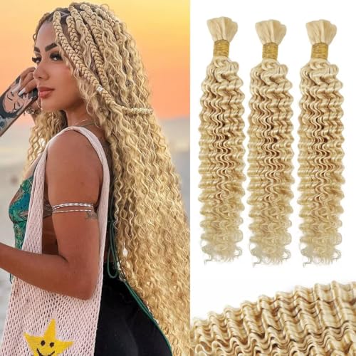 613 Blonde Human Braiding Hair for Boho Braids 100g 3 Bundles/Pack 18 Inch Curly Boho Hair for Braiding Knotless 12A Deep Wave Bulk Bohemian Color 613
