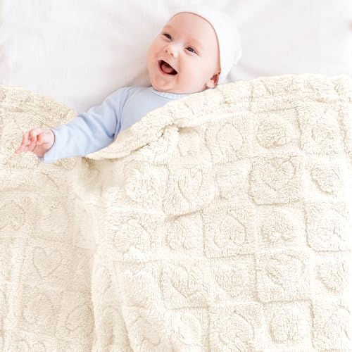 Image of Yurhap Heart Baby Blanket, Love Plush Fleece Baby Blankets for Boys Girls | Soft Sherpa Baby Boy Blankets for Infant Toddler Newborn Gifts, Fluffy Baby Essentials, For Crib Stroller, 30 inchx40 inch, Cream