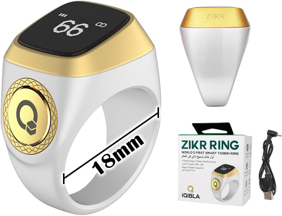 Smart Ring Counter, Smart Tasbih Zikr Ring, Muslim Islamic Prayer Smart Rings,Tasbih Counter Smart Ring, Digital Electronic Smart Tally Counter, Tasbeeh Smart Counter for Prayer (White,18mm)
