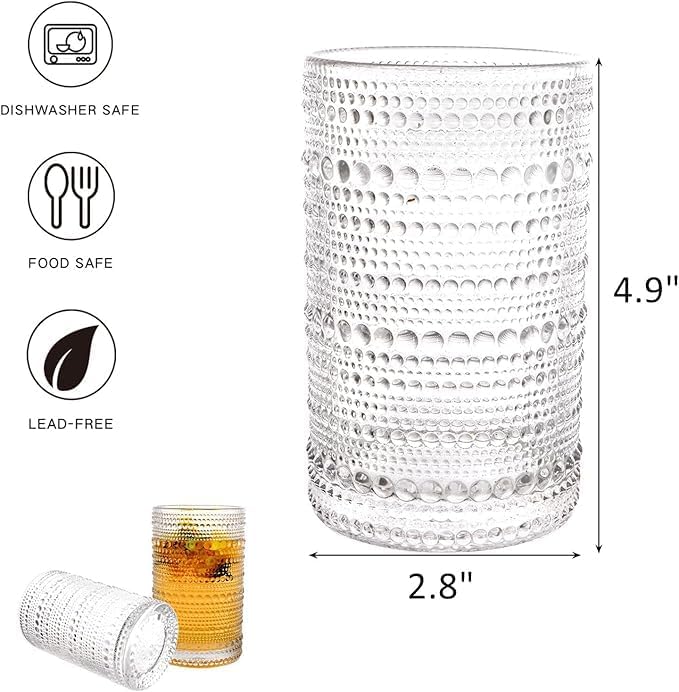 Miniatura 2 de Juego de 6 vasos de vidrio vintage para beber, vasos de vidrio de 15 onzas, vasos de agua transparente en relieve, vasos de hobuña, tazas de vidrio