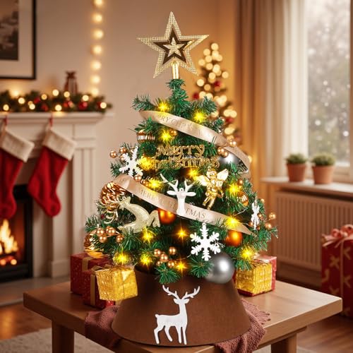Northroad 24 Inch Tabletop Christmas Tree, Artificial Mini Xmas Pine Tree with 30 Lights,Small Xmas Star Tree for Christmas Decor