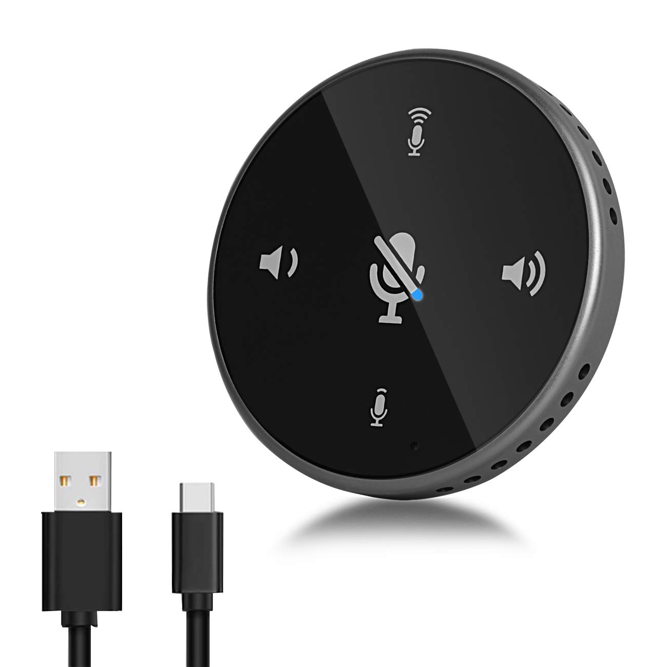 Depusheng Altavoz USB Q5 Altavoz de Conferencia Negro y Gris con luz indicadora, Interruptor/Volumen/Botones de grabación Idea para Oficina en casa Captura de Voz de 360º