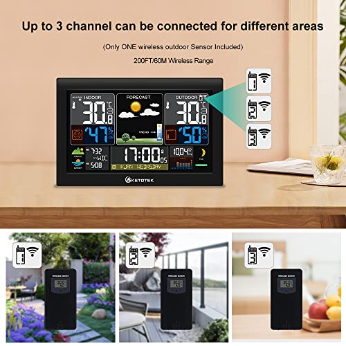 KETOTEK Wireless Weather Station with Sensor WWVB Radio Alarm Clock Indoor Outdoor Digital Room Thermometer Hygrometer Barometer Weather Forecast Temperature Warning Snooze Moon Phase - Thumbnail 4