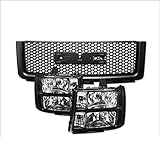 Black Clear Housing Crystal Headlights Signal Lamps nb + Glossy Black Round Hole Mesh Front Hood Bumper Grill Grille Guard ABS Compatible With 07-13 GMC Sierra 1500 / Denali / 09-13 Hybrid