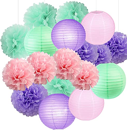 Kubert Blush Pink, Mint Green, Lavender Hanging Paper Lanterns Tissue Pom Poms Decoration Kit for Unicorn, Princess, Pony Birthday Party Decorations, Assorted 8-Inch 10-Inch