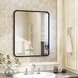 OKPAL 16X20 Inch Black Metal Framed Bathroom Mirror, Matte Black Bathroom Vanity Mirror, Black Rounded Rectangle Modern Mirror, Anti-Rust, Beveled Border (Horizontal/Vertical)