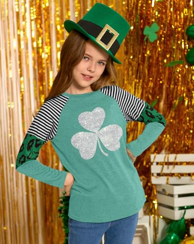 Image of BesserBay Girls St Patrick's Day Raglan Shirt Irish Sequin Lucky Stripe Shamrock Graphic Top 4-14 Years