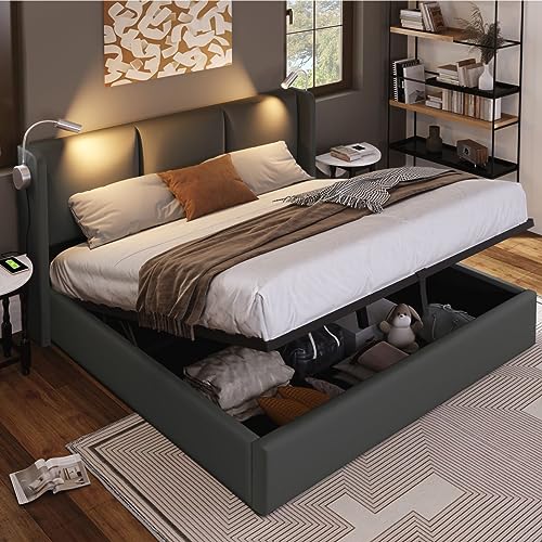 Sweiko Lit Double Adulte 160x200,Rembourré Cadre avec éclairage LED Coffre sommier et Rangement à Lattes, Housse en PU pour Adolescents,Gris(sans Matelas)