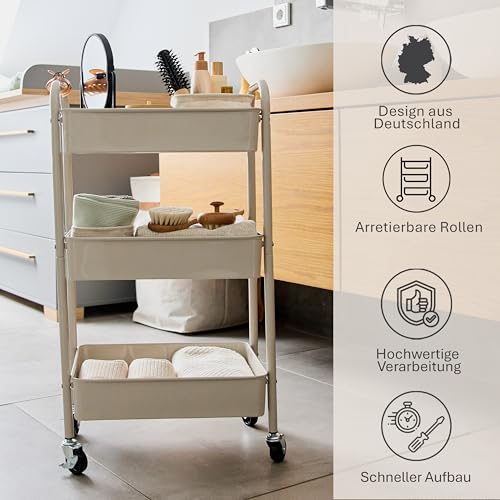 Love IT Store IT Rollwagen aus Metall - Küchenrollwagen mit 3 Ablagen und stabilen Rollen für Küche, Badezimmer, Büro - 44x30,5x78 cm - Hellgrau