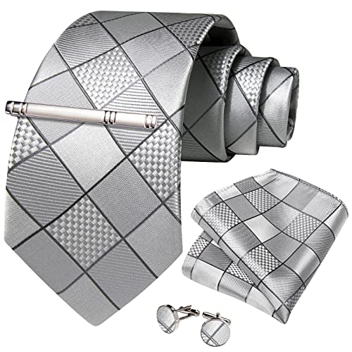 Image of DiBanGu Plaid Ties for Men Silk Checkered Necktie and Pocket Square Cufflinks Tie Clip Set with Gift Box for Wedding Business