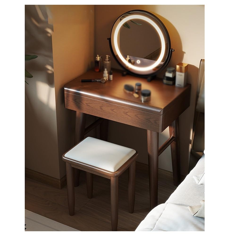 asdchZen Elegant Solid Wood Vanity Table With Mirror-Compact Makeup Station & Dressing Desk For Bedroom Stylish Nightstand & Chic Modern Home Decor Furniture