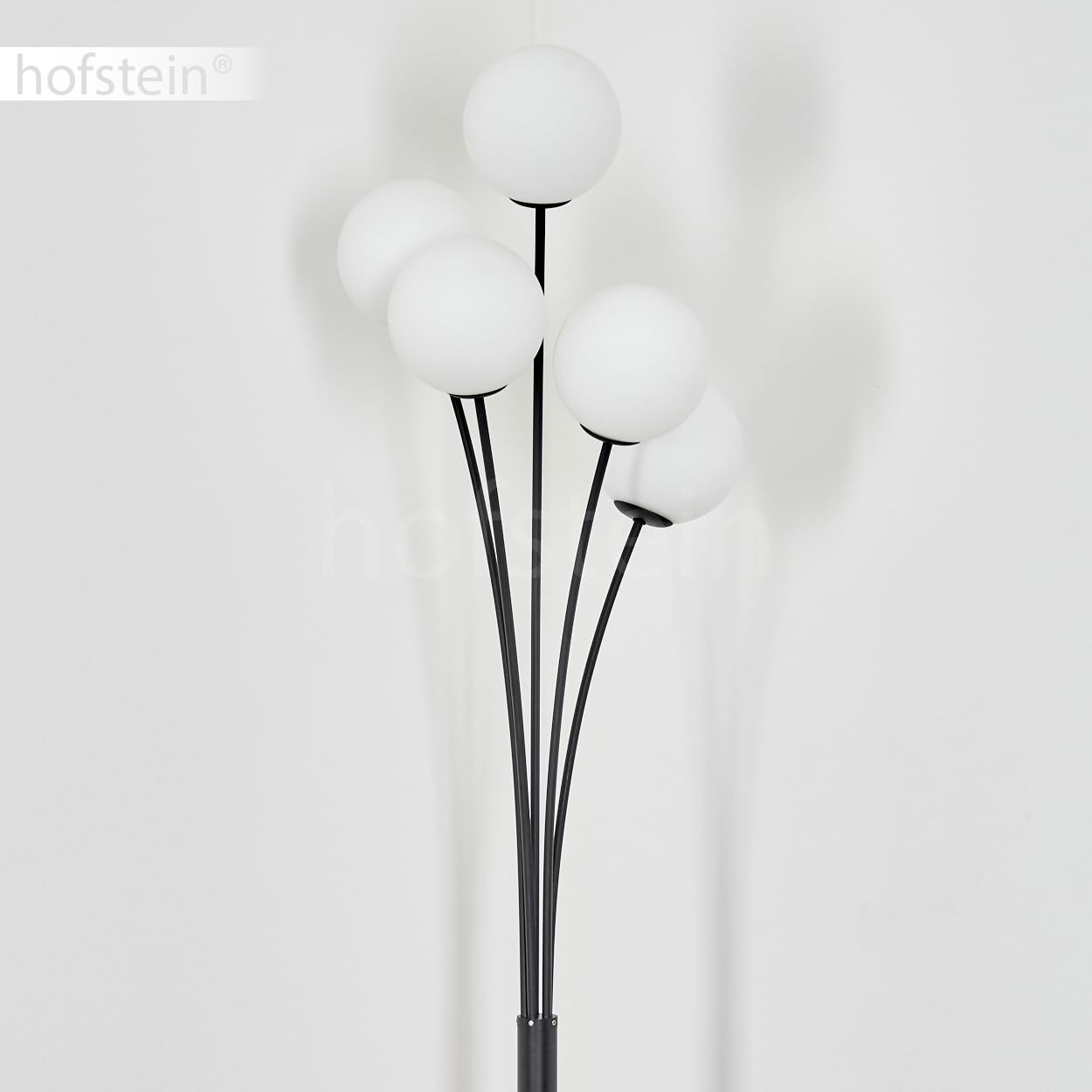 Stehleuchte Bernado, dimmbare Stehlampe aus Metall/Glas in Schwarz/Milchglas, Standleuchte mit Glaskugeln (Ø 12 cm), Höhe 174,5 cm, stufenlos dimmbar über Fußschalter, 5 x G9, ohne Leuchtmittel