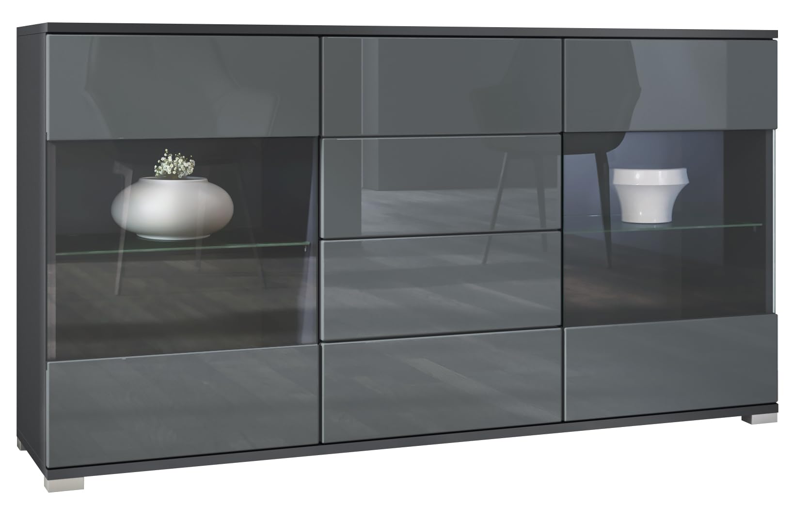 Vladon Sideboard Bari V1, Kommode mit 2 großen Türen und 4 Schubladen, Anthrazit matt/Grau Hochglanz (138,5 x 75,5 x 35)