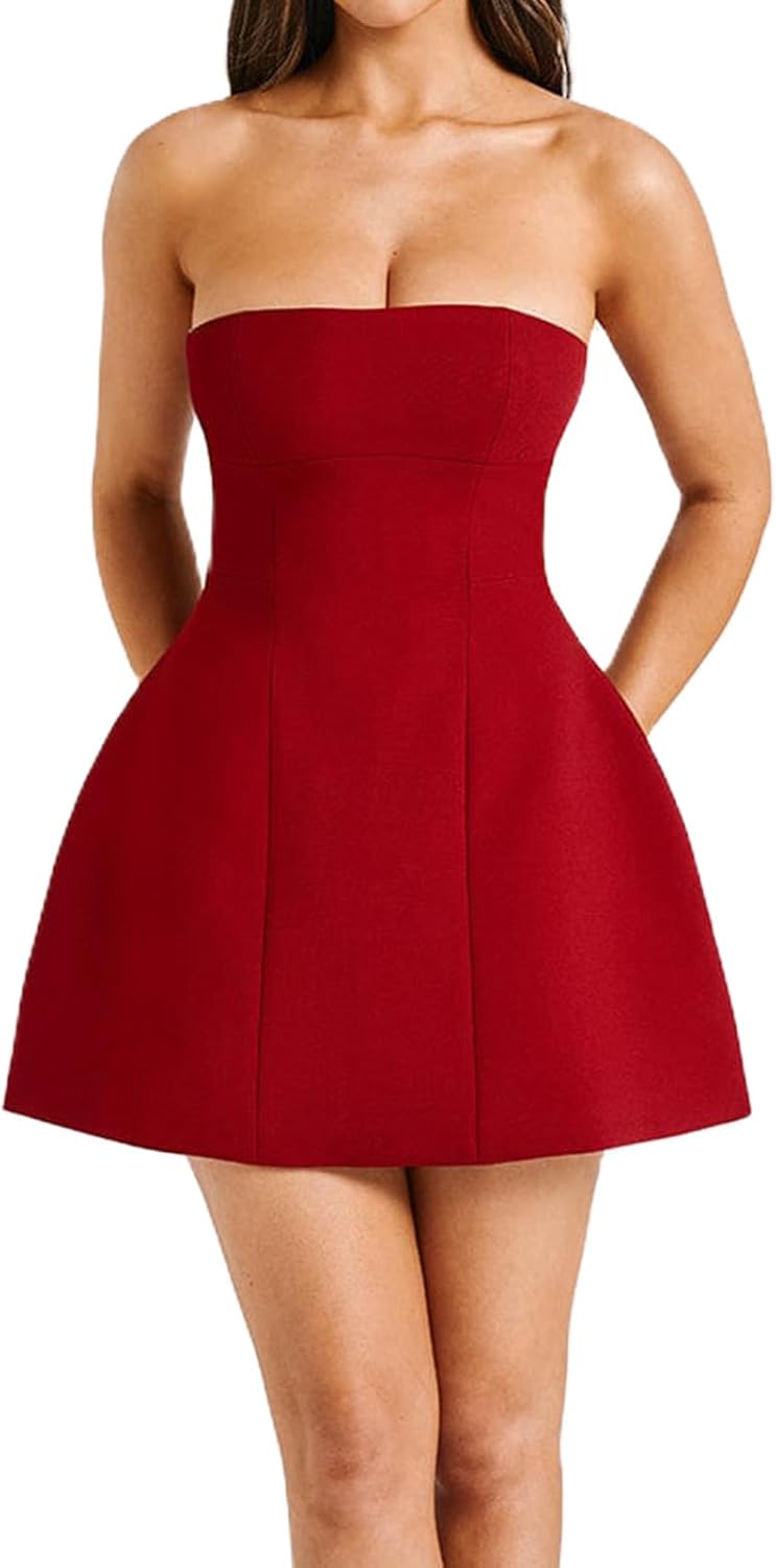 Womens Sexy Strapless Tube A-line Mini Dress Club Party Short Corset Cocktail Bodycon Prom Dresses for Women - Image 4