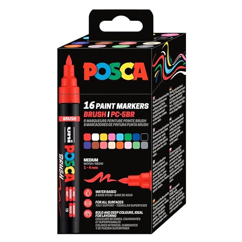 POSCA 184016 - Set de rotuladores POSCA Brush Pen, 16 rotuladores acrílicos con punta de pincel, PC-5BR Rotuladores de pincel para casi cualquier superficie