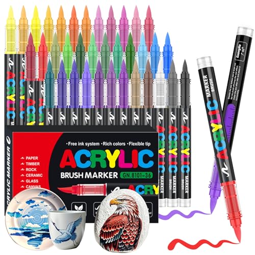 Gelanty Rotuladores de pintura acrílica, marcadores de pintura de 36 colores con punta de pincel flexible, bolígrafos acrílicos líquidos directos para pintura de roca, cerámica, madera, vidrio