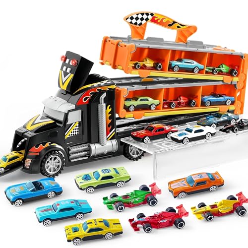JOYIN Toy Truck for Kids, Race Toy Cars, 60' Extra Long Race Track and 12 Die-Cast Metal Cars,...