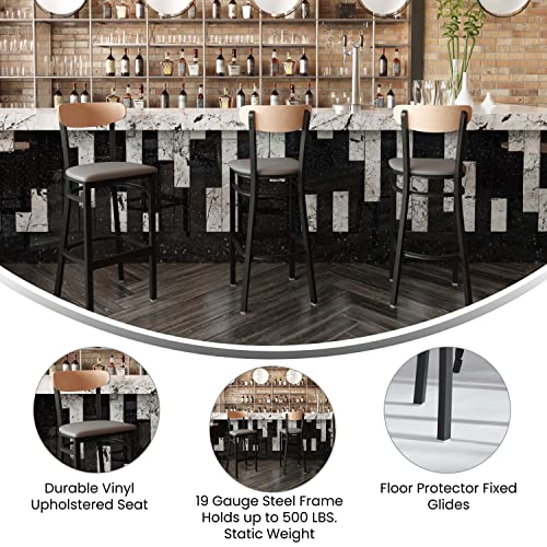 Image of Flash Furniture Wright Commercial Barstool - Natural Birch Finish Wood Boomerang Back - Gray Vinyl Seat - 500 LB. Capacity Black Steel Frame - Integrated Footrest