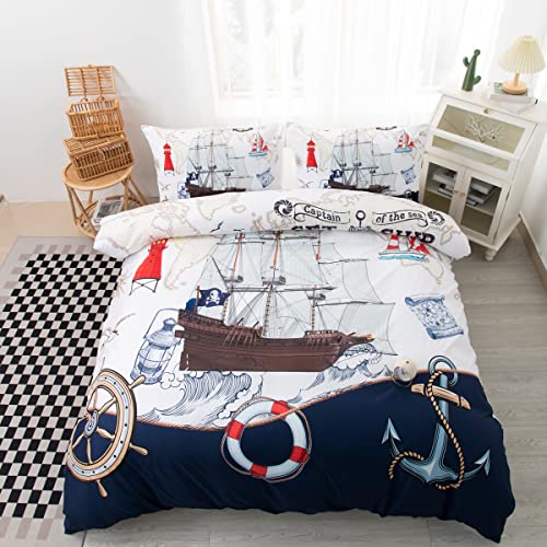 CVHOUSE Nautical Bedding Set Twin Size,Nautical Sailboat Bed for Boys Teens,Ocean Themed Sailing Anchor Comforter Cover Soft,Anchor Duvet Quilt Twin 71'x87' - Image 3