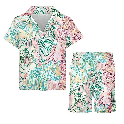 OLGCZM Animal Tiger Art Boys Hawaiian Shirt Sets Kids Casual Button Down Short Sleeve Shirt 5-6T