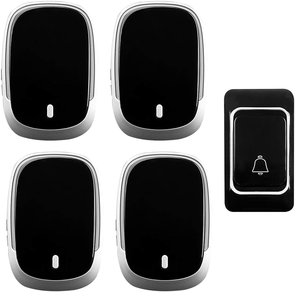 Wireless Doorbell Waterproof, 36 Music Melody / 4 Volume Levels / 300M Range Wall Plug-in Cordless Doorbell, 1 Transmitter 4 Receivers, Intelligent Flashing Light Remind,Silver,B,Black