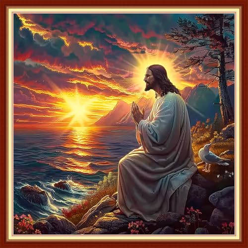 Image of Joyhoor Cross Stitch Kits for Beginners Stamped Cross-Stitch Supplies Needlework preprint Embroidery Kits for Adults DIY Needlepoint Kit Embroidery Patterns 11CT-Prayer of Jesus by Sea 18x18 inch