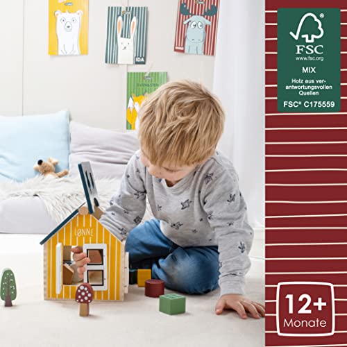 HEJ LØNNE Holz Steckhaus mit 12 Holzbausteine – Montessori Spielzeug zur Förderung von Motorik und Koordination - Steckhaus ab 1 Jahr - Motorikspielzeug
